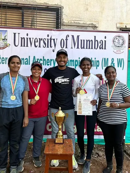 The winning team from the University of Mumbai championship. Team events build camaraderie and teach archers to perform together under pressure.