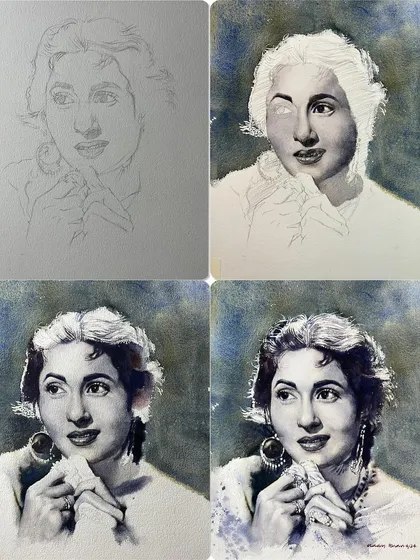 A four-panel image showing the progression of the Madhubala portrait.