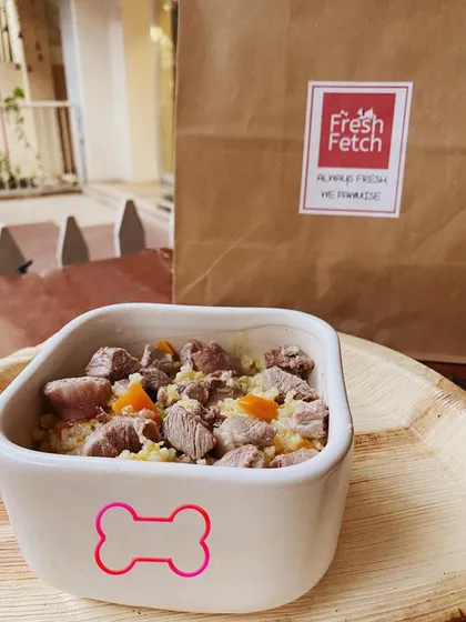 Here is the Porky Monkey meal, ready to go. Like all my meals, it's prepared fresh daily and delivered right to your door, so your dog always gets the best.