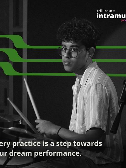 "Every practice is a step towards your dream performance." A drummer looks on, focused and ready, embodying the dedication we see in our students.