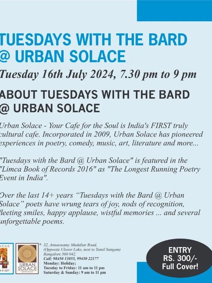 A general poster about 'Tuesdays with the Bard', inviting newcomers to experience the magic of India's longest-running poetry event.