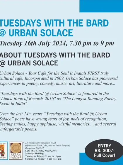 A general poster about 'Tuesdays with the Bard', inviting newcomers to experience the magic of India's longest-running poetry event.