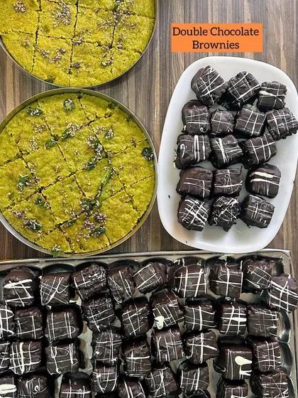 A combination of savory Pani Puri Dhokla and sweet Double Chocolate Brownies.