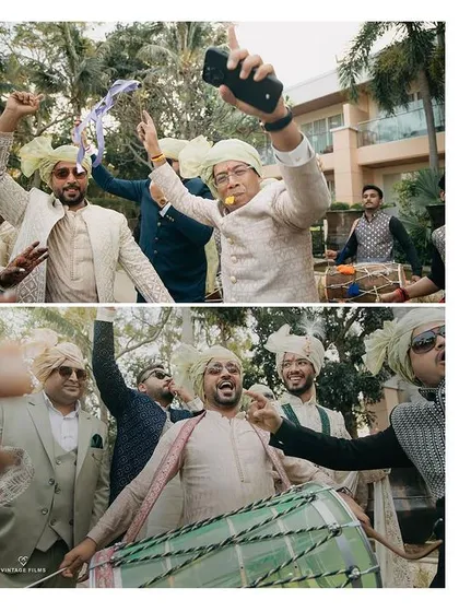 The groom's energetic baraat, complete with friends dancing and playing the dhol. We capture the high-energy celebration that precedes the wedding ceremony.
