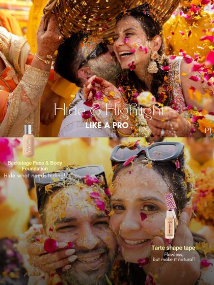 For a bride who wanted a crazy Haldi evening, we used products that could keep up. This graphic shows the long-lasting foundation and concealer used to create a flawless base.