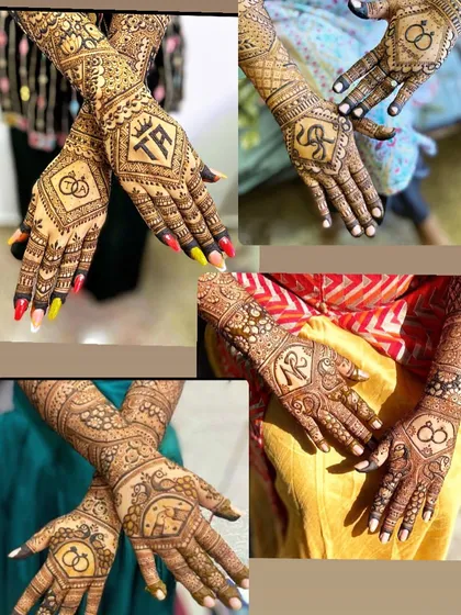A collage of different engagement and bridal mehandi designs, showing how I can incorporate couple initials and ring symbols into the artwork.