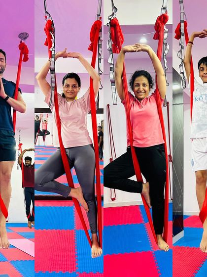 From kids to adults, our aerial classes are a family affair. This collage shows students of all ages finding their balance and joy in suspended tree poses.
