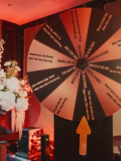 An interactive spinning wheel game at the 'City of Dreams' party, designed to get guests laughing and mingling.