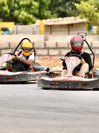 Two racers going wheel-to-wheel into a corner. Friendly competition is what it's all about when you're out here with your friends.