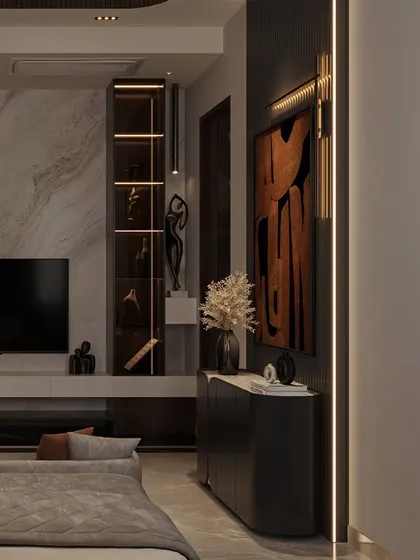 The bedroom includes a custom media unit with a backlit display cabinet for art and sculptures. The mix of dark wood, marble, and ambient lighting creates a sophisticated and layered look.