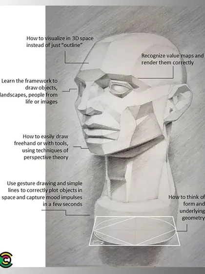This image from our drawing workshop shows how to visualize a human head in 3D space. It highlights techniques for rendering value maps and using simple lines to plot objects correctly.
