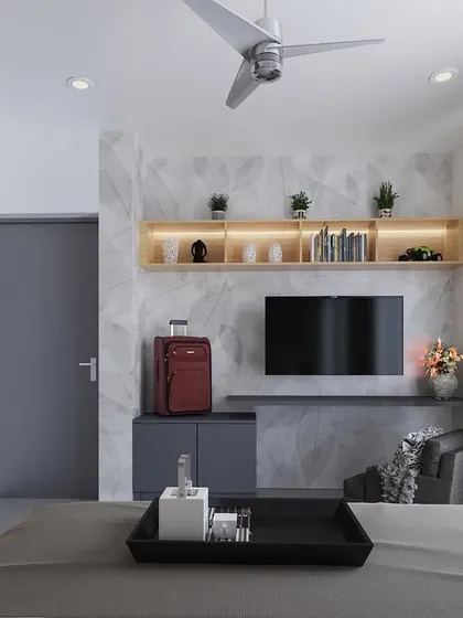 A render of a bedroom that blends modern living with timeless character, featuring a floating TV unit and a calm, neutral palette.
