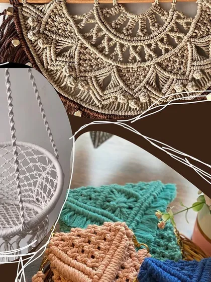 A collage showcasing some of our larger macramé projects, like swings and intricate wall hangings. These pieces represent the growth of our skills and our ambition to create beautiful, functional art for your home.