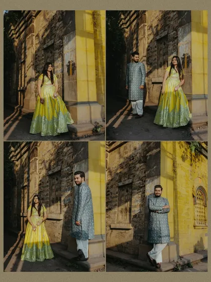 A collage of four portraits showing the couple interacting with the light and shadows in a narrow, historic lane.