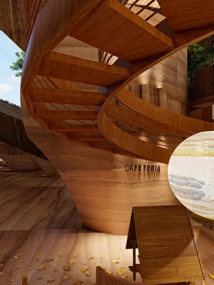 A sculptural spiral staircase connects the different levels of the Elephant Pavilion. Its form arises from the need to navigate a compact footprint while adding a dynamic, artistic element to the interior circulation.
