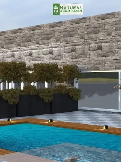 A view of the proposed pool area, showing the stone-clad feature wall.