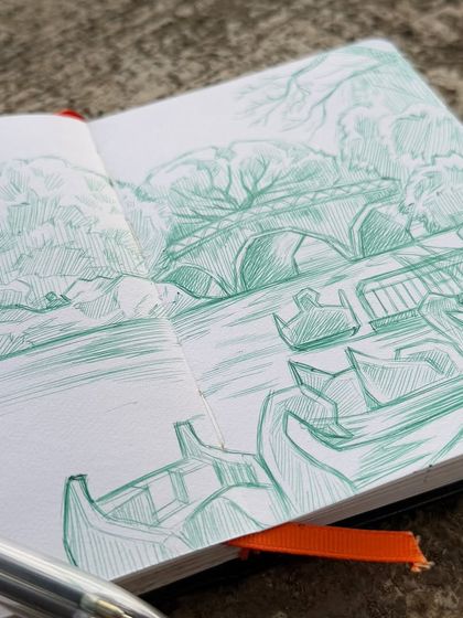 A close-up of the lake sketch, showing the pen work and the beautiful green ink I used to capture the lush scenery.