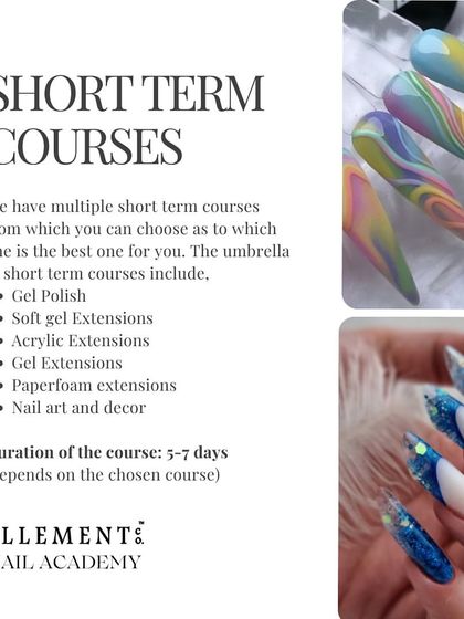 We offer multiple short-term courses, each lasting 5-7 days. You can choose to specialize in Gel Polish, Soft Gel Extensions, Acrylics, Paperform Extensions, or Nail Art and Decor.