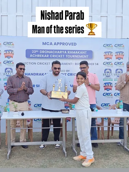 Nishad Parab being awarded 'Man of the Series' for his exceptional all-round performance in the prestigious CPCC U-14 tournament.