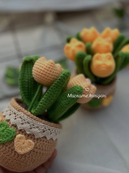 A pair of our yellow crochet tulip pots. These bring a cheerful pop of color to any desk, shelf, or windowsill.