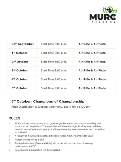 A clear, day-by-day schedule is crucial for a smooth competition. This is an example of the detailed schedule and rules I provide to all participants, ensuring everyone knows what to expect and the event runs on time.