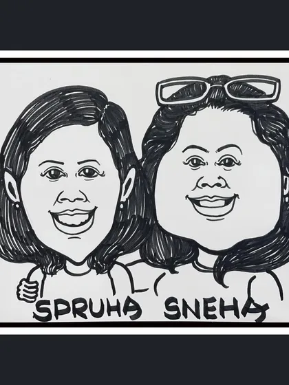 This is a live caricature sketch of two friends from an event in Ghatkopar. My goal is to quickly capture likeness and personality with bold, simple lines.
