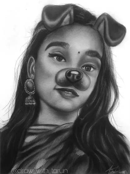A fun and unique charcoal commission based on a selfie with a Snapchat dog filter. It shows how I can translate modern, playful photos into classic, hand-drawn art.
