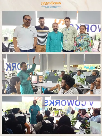 A collage from a corporate yoga session at Cardiotrack, a wellness product company. It was a pleasure to share the practical benefits of yoga and reconnect with old friends who are also dedicated to promoting health.
