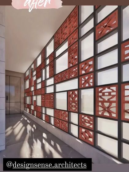 An "after" shot of a redesigned apartment entrance, featuring a beautiful jaali screen made of terracotta blocks. This is the result of the transformation from a plain corridor.