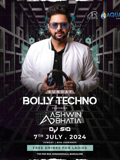 A poster for Bolly Techno Sunday at The Fixx. A night where Bollywood meets techno beats for an exhilarating experience.