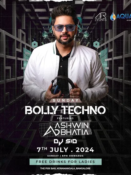 A poster for Bolly Techno Sunday at The Fixx. A night where Bollywood meets techno beats for an exhilarating experience.