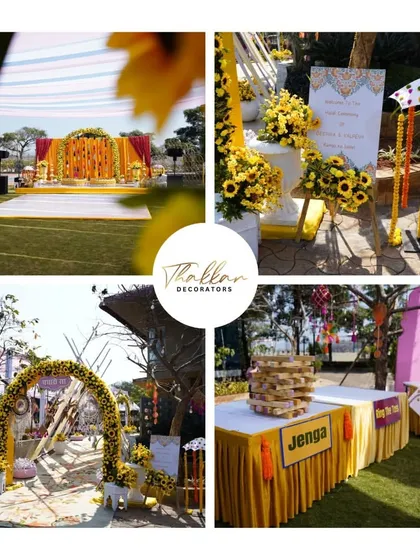 This collage highlights the key elements of a fun, yellow-themed Haldi carnival, including the main stage, welcome signage, floral arch, and game stalls like Jenga.