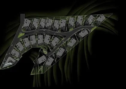 The site plan for the Dona Paula masterplan shows the arrangement of modular house typologies along the site's contours. This strategic placement ensures that every plot benefits from the natural slope and views towards the sea.