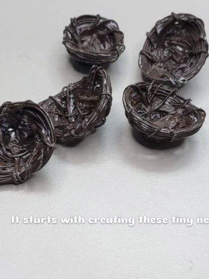 It all starts with creating these tiny nests. I weave them by hand to make them look as realistic as possible.