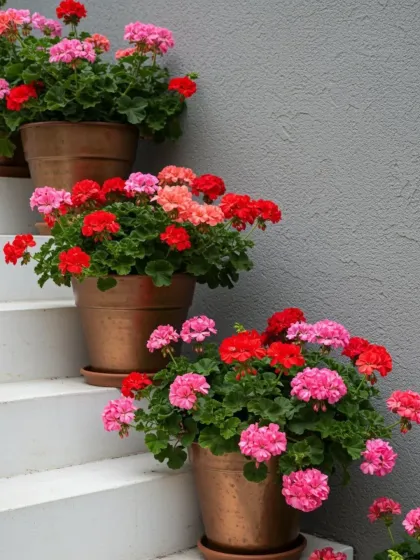 Beautiful potted geraniums in shades of red and pink, perfect for adding instant color to steps, patios, and balconies.