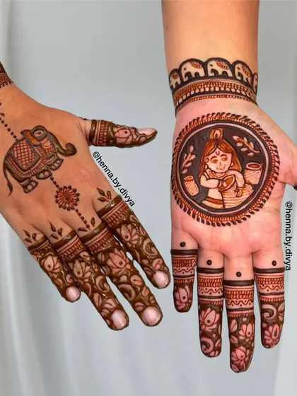 A playful and traditional design. One hand features a cute portrait of a girl with pots, while the other has a decorated elephant, combining figurative art with classic motifs.