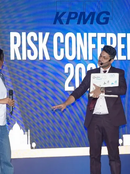 Interacting with a senior leader from KPMG on stage during their Risk Conference. My acts are designed to be engaging for all levels of an organization, from the CEO to the newest team member.