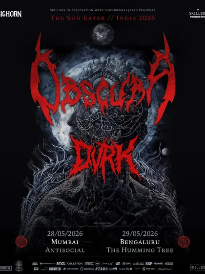 The official poster for The Sun Eater India Tour, announcing the India debut of German death-metal giants Obscura and French band DVRK.