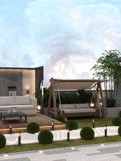 A 3D render showing a terrace design with a wooden swing, built-in seating, and pathway lighting.