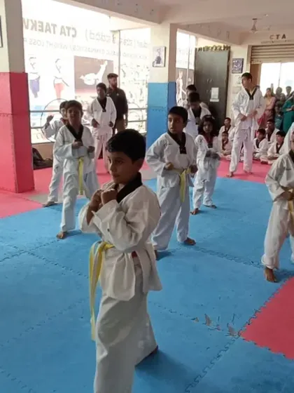A mixed-belt class practicing together.
