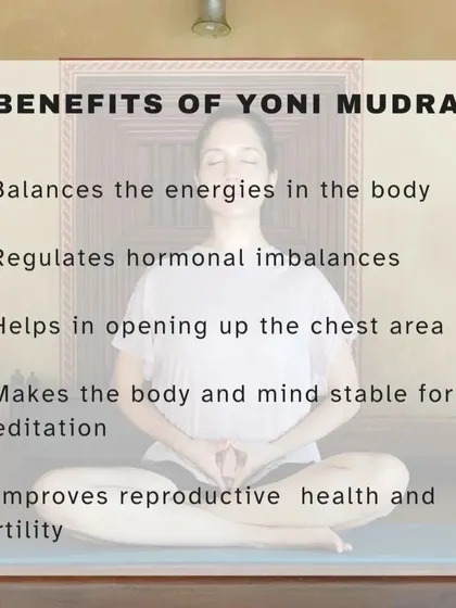 Yoni Mudra offers profound benefits, especially for women's health. As shown here, it helps balance the body's energies, regulate hormonal imbalances, and improve reproductive health, all while preparing the mind for a stable and deep meditation.