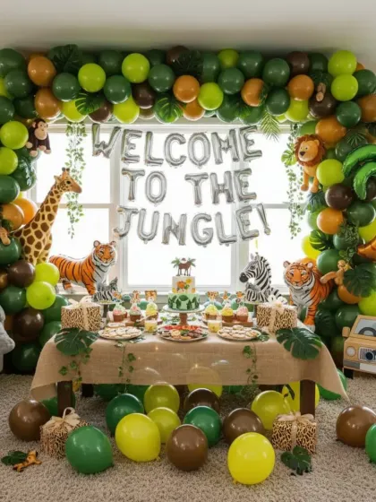 Explore a wild adventure with our 'Welcome to the Jungle' birthday theme. We use a rich palette of greens and browns to create a dense jungle look, complete with a large balloon arch, animal cutouts like a giraffe and tiger, and themed props. This immersive decoration is perfect for a memorable first birthday party.