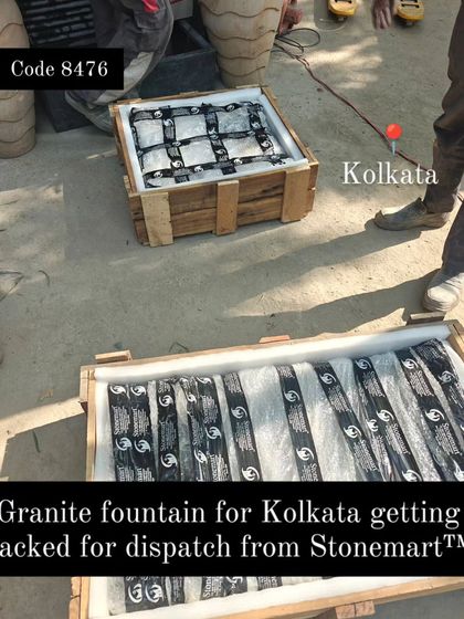 The components of the granite fountain for Kolkata are packed in separate, secure crates.