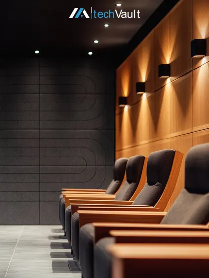 Every detail in our custom auditoriums is meticulously planned. This view highlights the combination of wood-paneled walls with modern sconce lighting and acoustically absorbent panels, ensuring both aesthetic appeal and superior sound clarity for an unparalleled viewing experience.