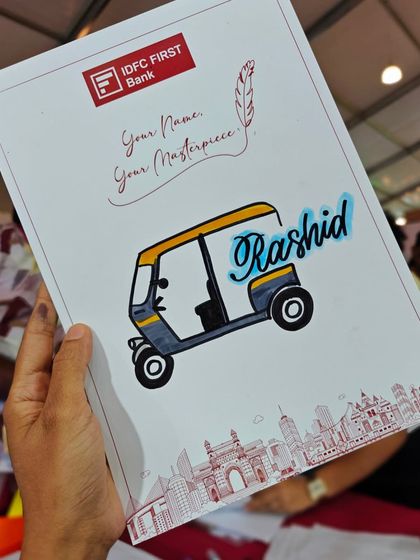 For this piece, I combined the name "Rashid" with a classic Mumbai auto-rickshaw illustration. Each artwork was a unique celebration of the person and the city.