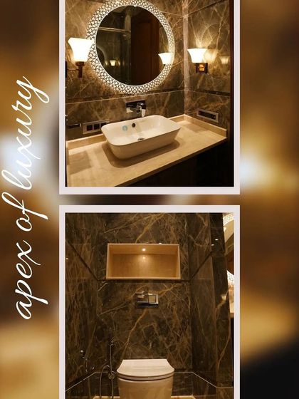 This collage shows the apex of luxury in our bathroom designs, highlighting the rich marble, designer sinks, and ambient lighting that create a truly opulent feel.