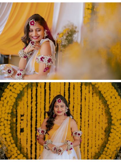 A collage of a bride's portraits from her Haldi ceremony, showcasing her beautiful floral jewelry.