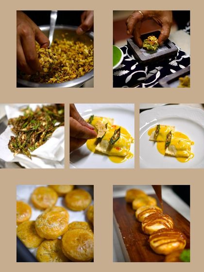 A collage of food preparation shots from the saree exhibition, showing how each dish was an ode to the intricate fabric designs.