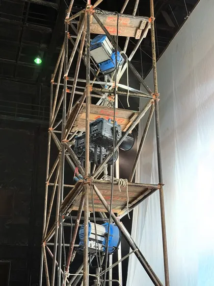 A detailed shot of the ARRI M90 and Nanlux 5000B fixtures mounted on the lighting tower. We use industry-standard, robust equipment to ensure reliability on every shoot.