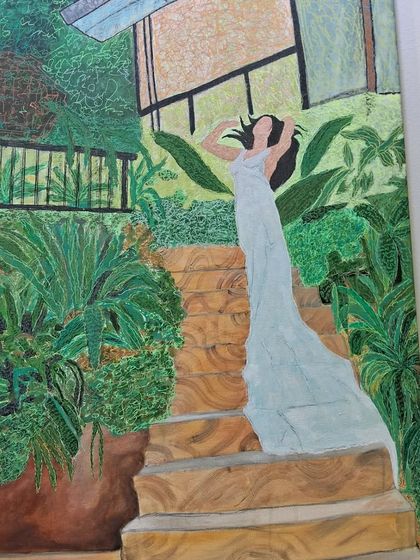A woman on a staircase surrounded by lush greenery, another piece by Sinal Bajaj celebrating female empowerment and connection with nature.
